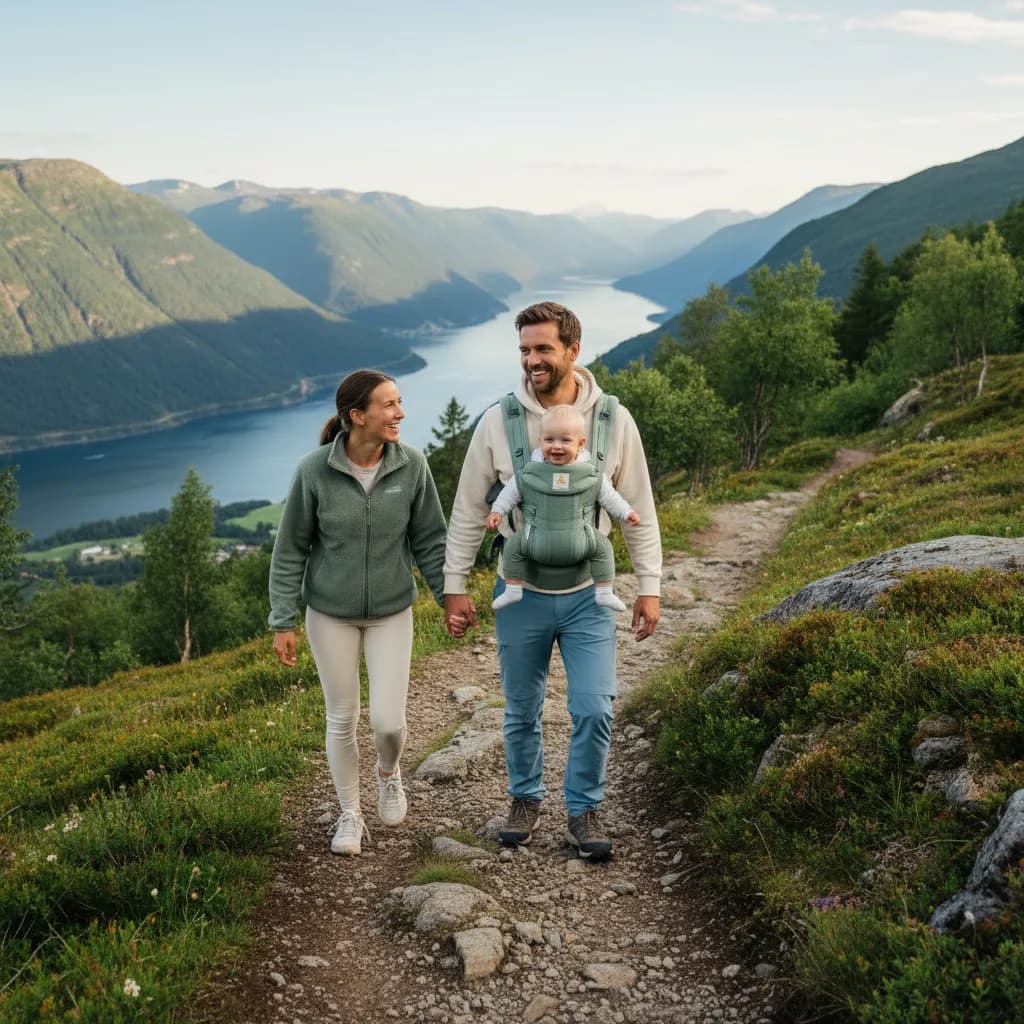 Glad familie med baby i bæresele foran en norsk fjellhytte om sommeren