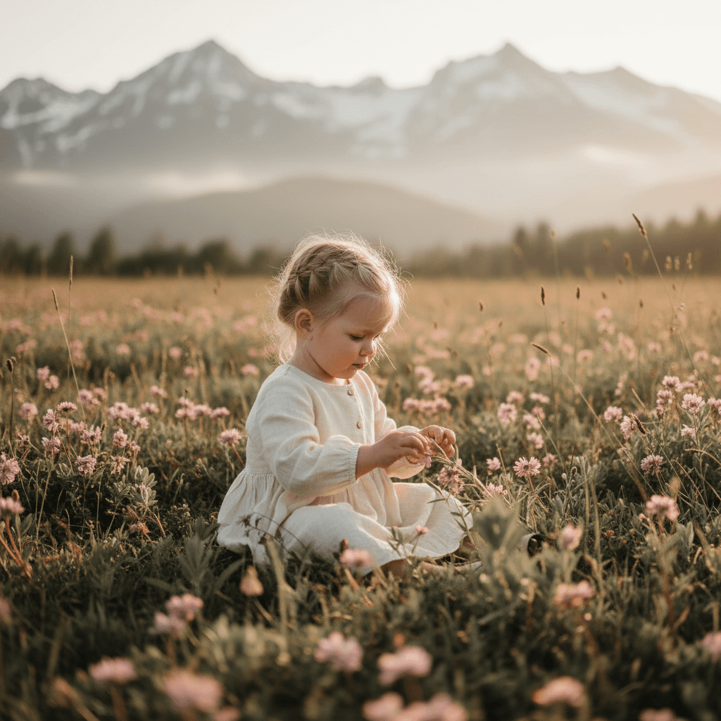 Liten jente med flette i en norsk blomstereng med fjell i bakgrunnen