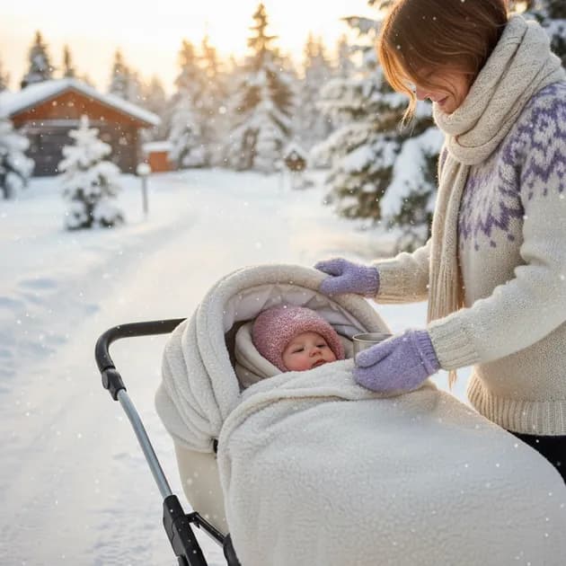 Baby i ullklær og vinterpose i barnevogn i norsk vintersnø