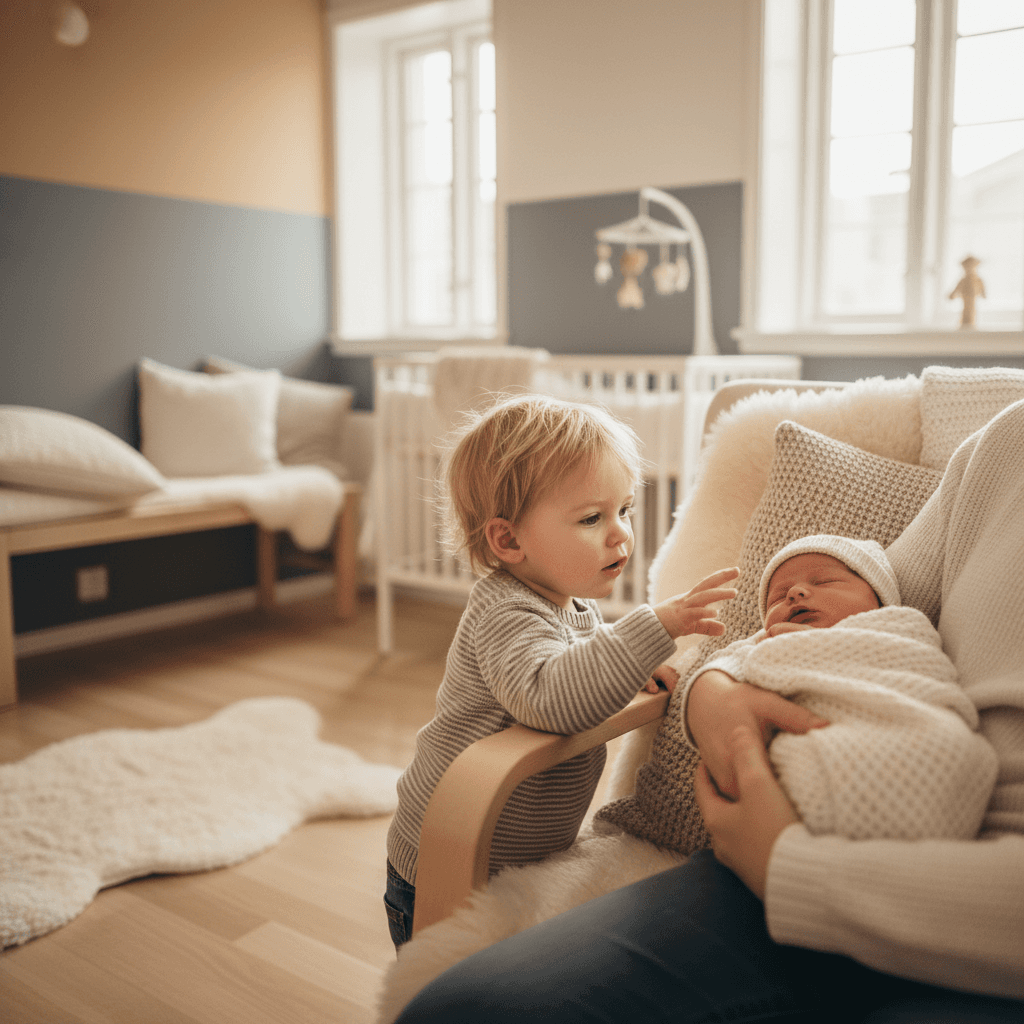 Storesøsken holder forsiktig på nyfødt baby i en varm skandinavisk stue