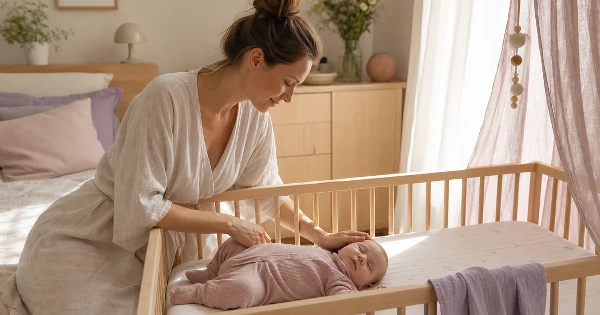 Nyfødt baby som sover rolig på ryggen i egen babyseng på foreldrenes soverom
