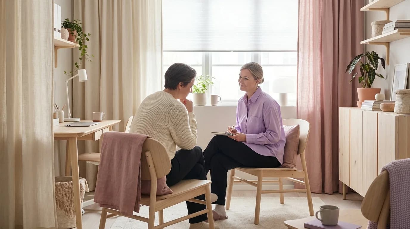 Forelder i samtale med rådgiver i et lyst, trygt kontor