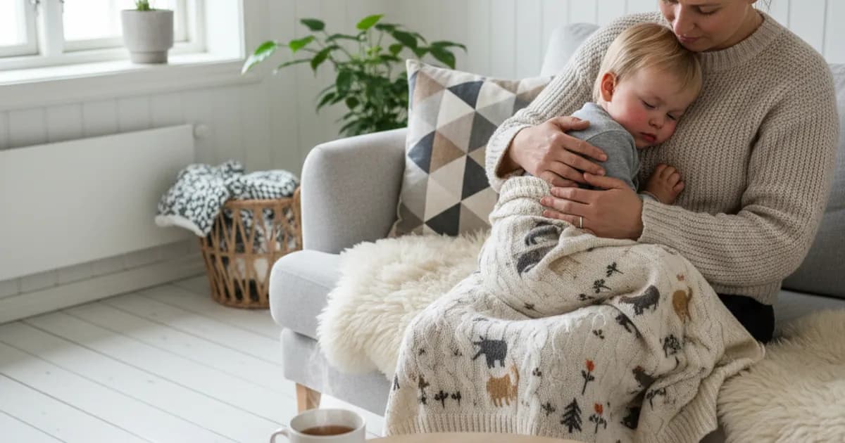 Forelder som trøster sykt barn under et teppe i sofaen