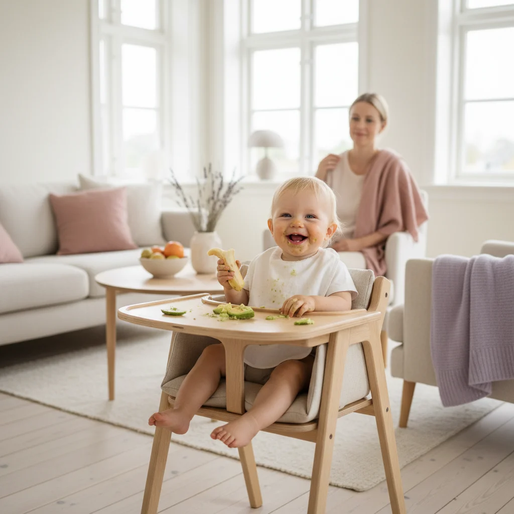 Baby som sitter i barnestol og utforsker fingermat med hendene