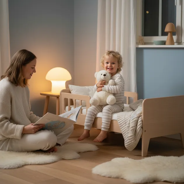 Liten gutt sitter stolt i sin nye store seng med sengehest