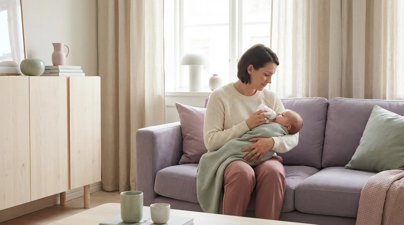 Forelder som mater baby med flaske i rolige omgivelser