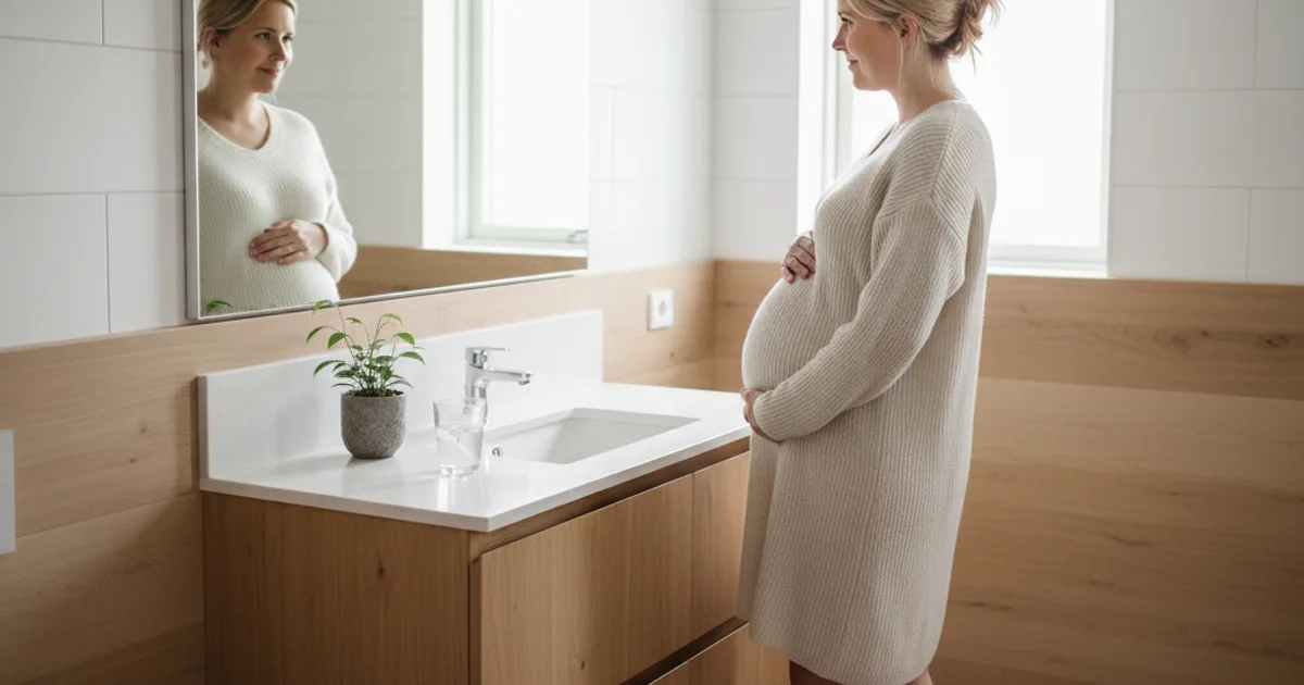 Gravid kvinne som holder et glass vann og ser ned på magen sin i et lyst nordisk kjøkken