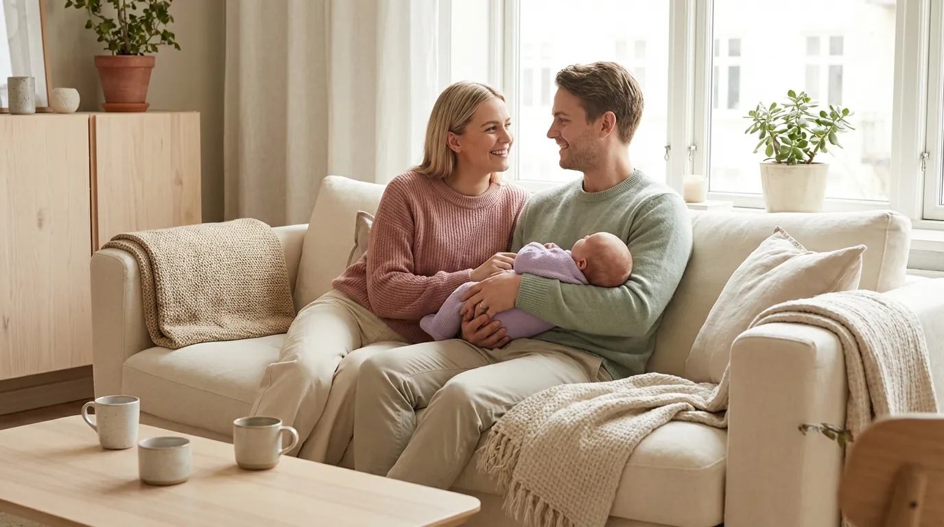 Par som sitter sammen og holder hender med en baby mellom seg