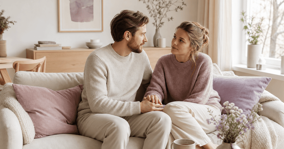 Et par snakker fortrolig sammen i sofaen med en kaffekopp