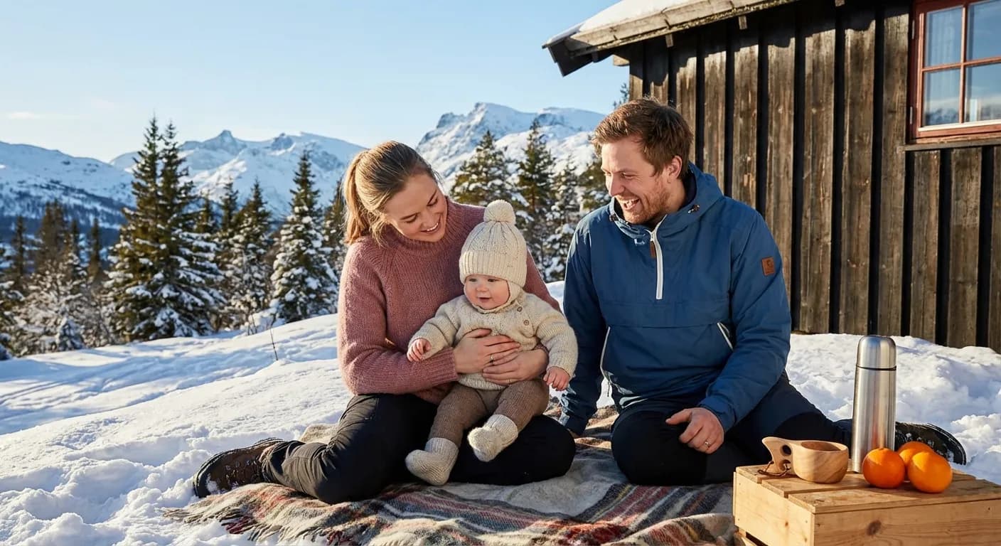 Norsk familie med baby på påskeferie i snøkledd fjelllandskap med sol og blå himmel
