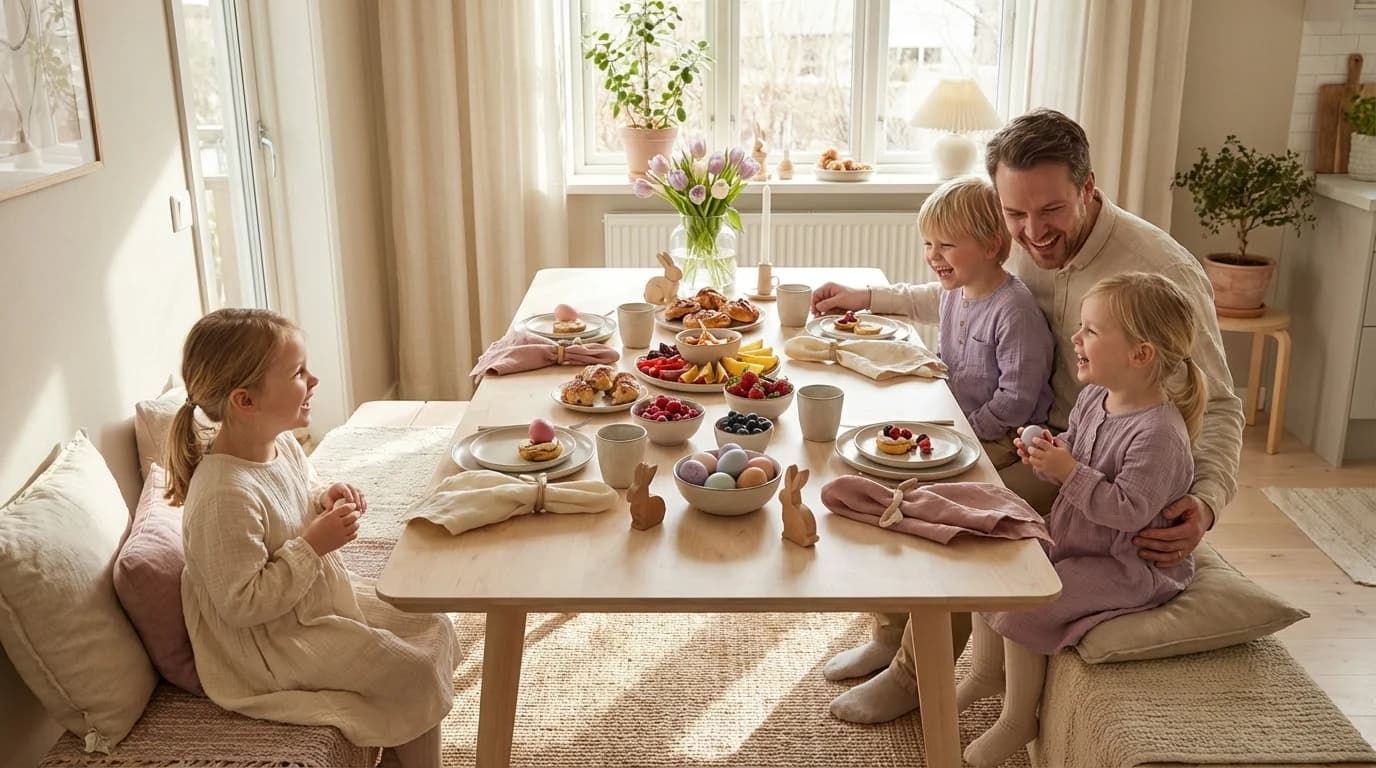Fargerikt påskefrokostbord med barnevennlig mat og påskepynt