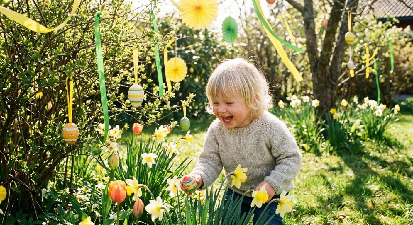 Fargerike påskeegg med små gaver og overraskelser for barn i en kurv med vårblomster