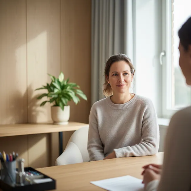 Kvinne i et rolig skandinavisk miljø som leser om helse