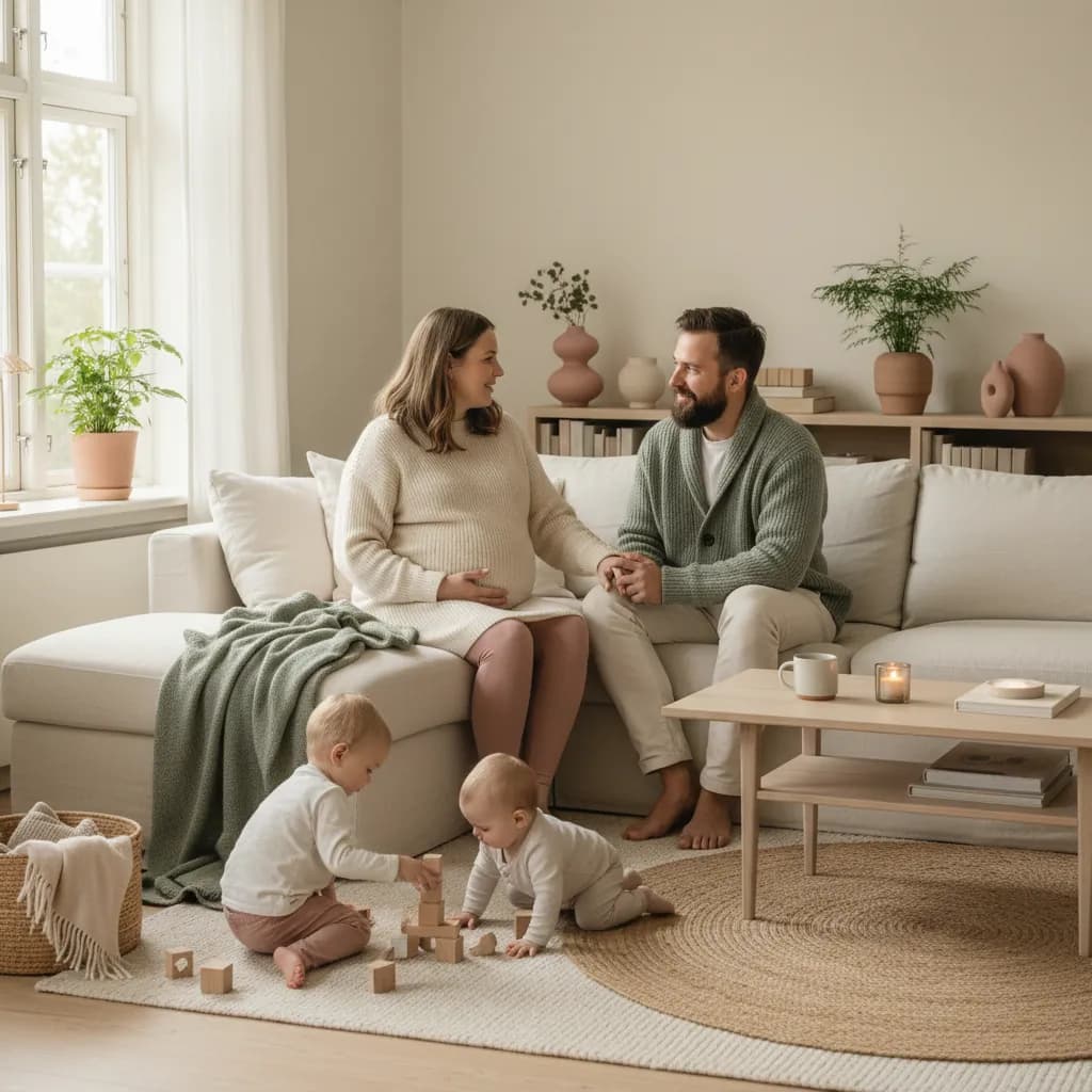 Gravid kvinne som sitter ved vinduet og ser ettertenksomt ut i et lyst, nordisk rom