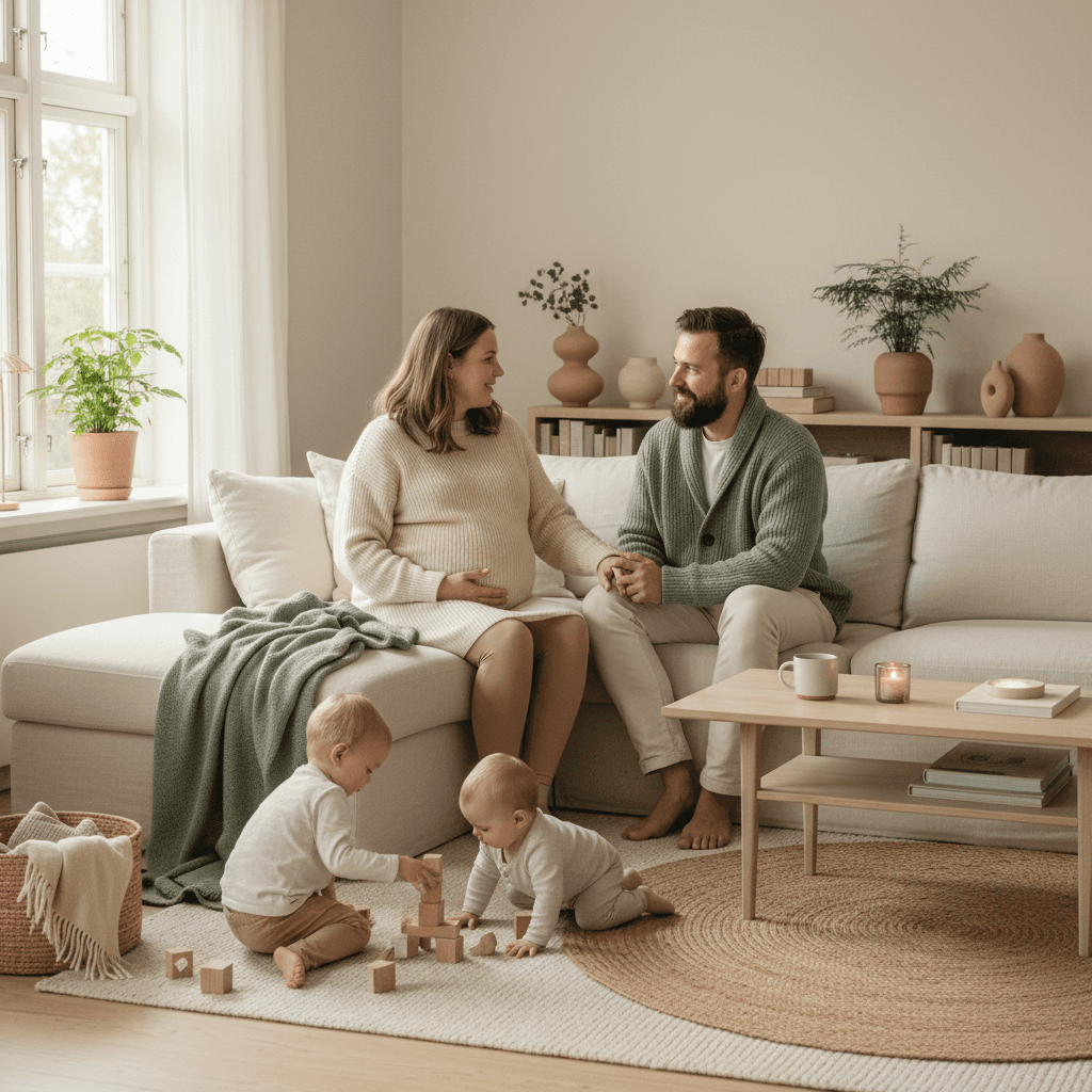 Gravid kvinne som sitter ved vinduet og ser ettertenksomt ut i et lyst, nordisk rom
