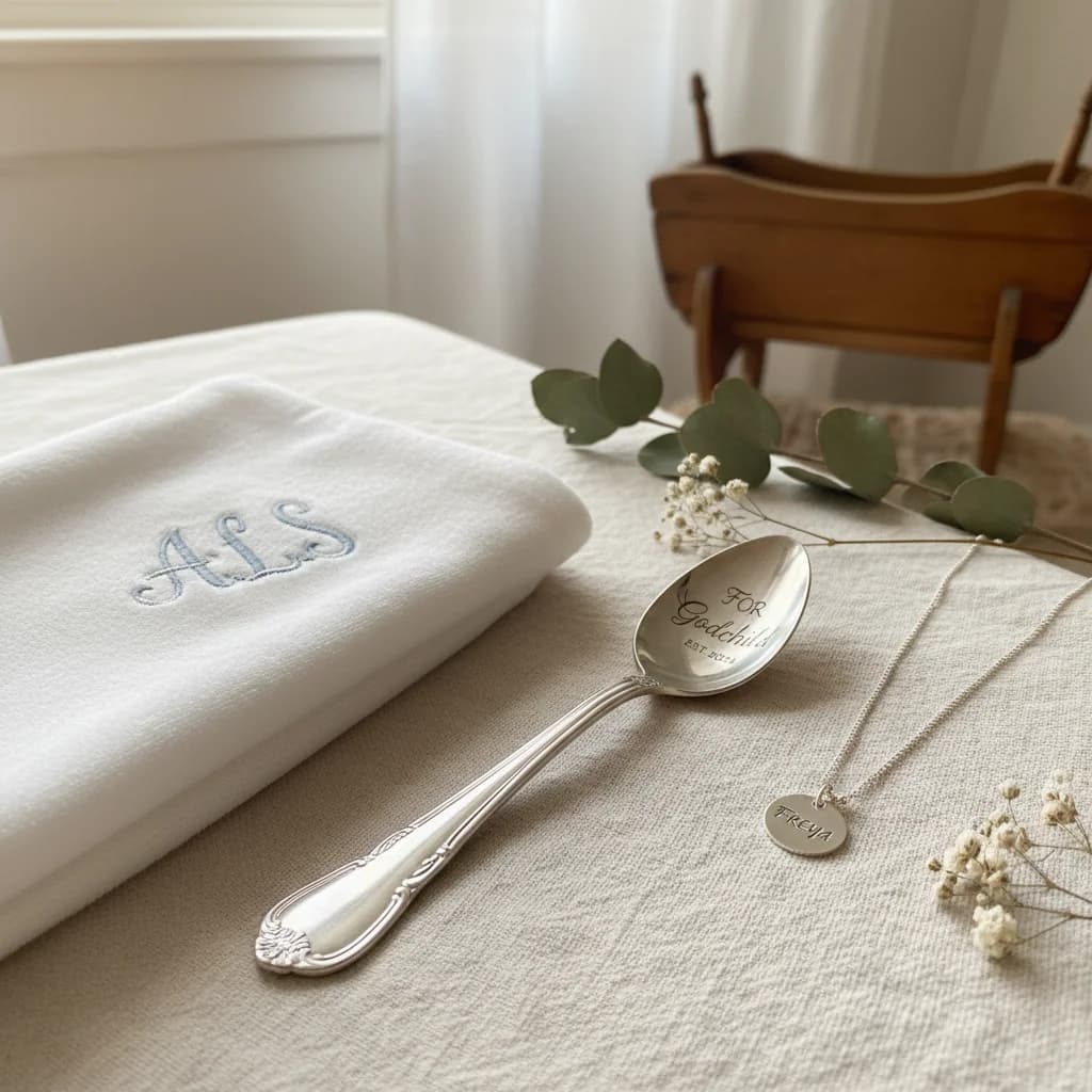 Personlig dåpsgave med gravering og broderi i myke farger