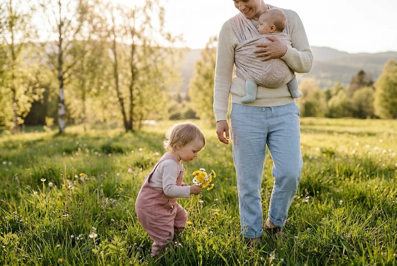 Familie med baby plukker pinseblomster i norsk sen mai-vær