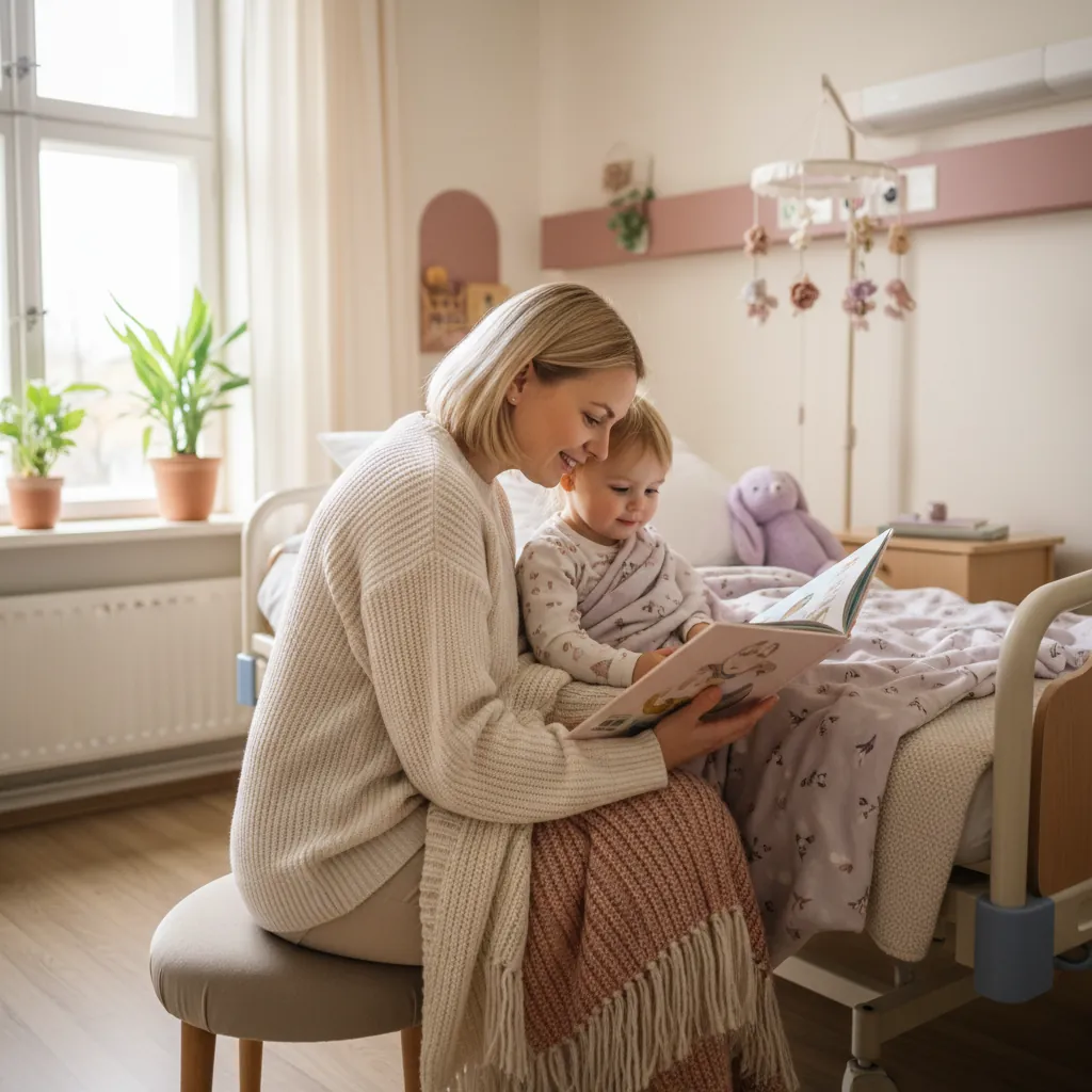 Forelder sitter ved siden av barn i sykehusseng og leser bok sammen, lyst og varmt sykehusrom