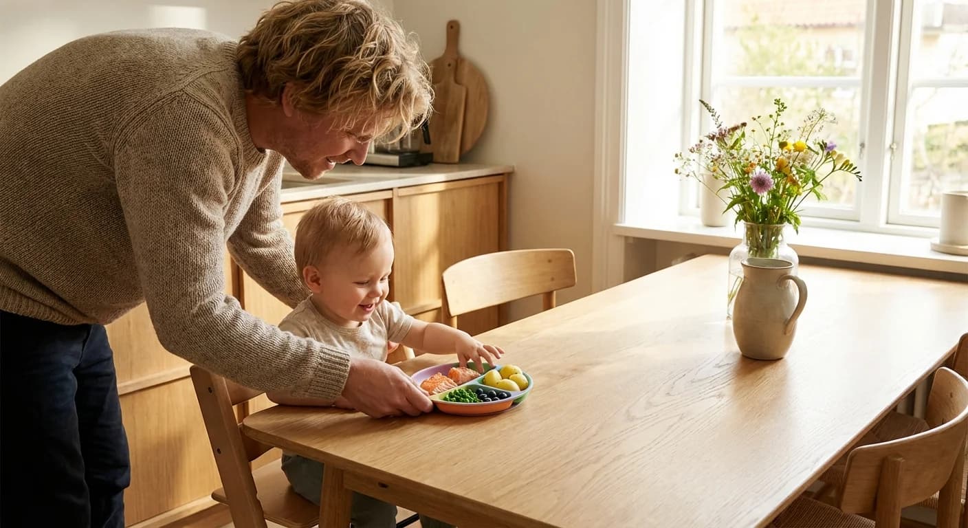 Liten tallerken med fargerike babyporsjoner ved siden av en voksentallerken som viser størrelseforskjellen