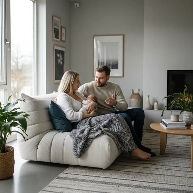 Par med nyfødt baby snakker sammen i en lys skandinavisk stue