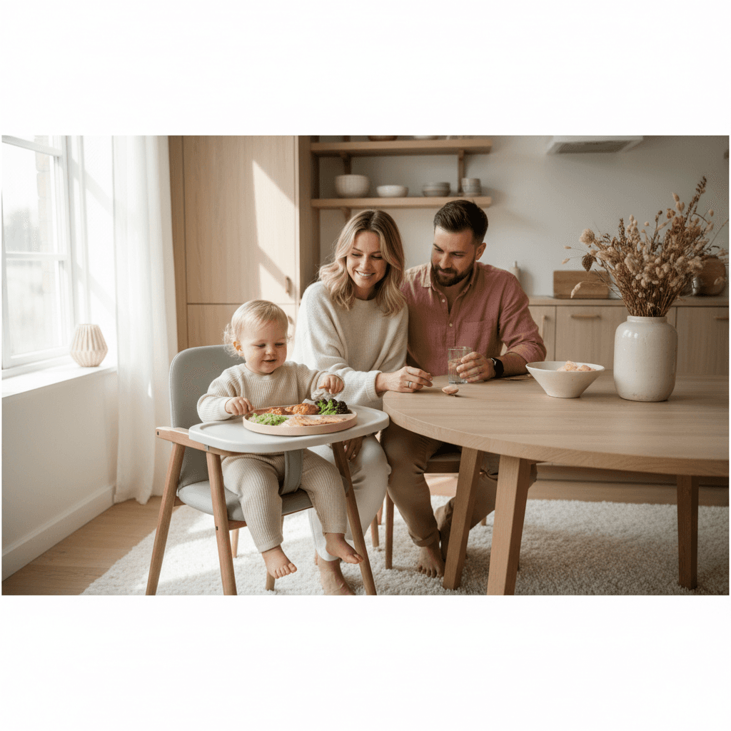 Baby som spiser proteinrik mat med en liten skje ved et skandinavisk kjøkkenbord
