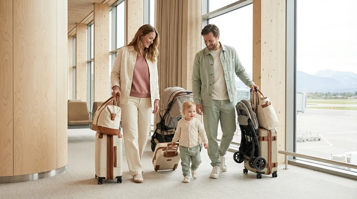 Familie med småbarn på ferie i Norge med koffert og barnevogn