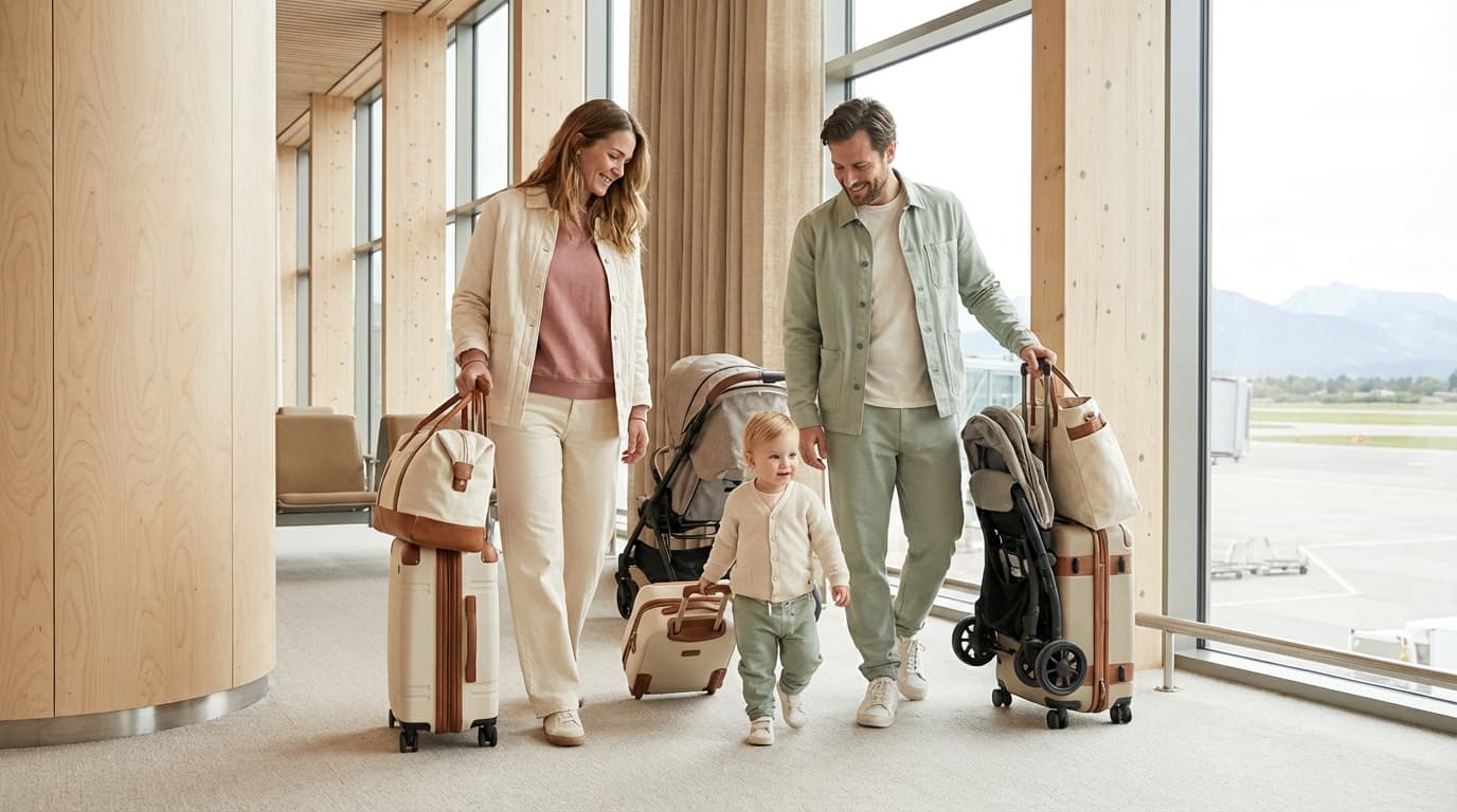 Familie med småbarn på ferie i Norge med koffert og barnevogn