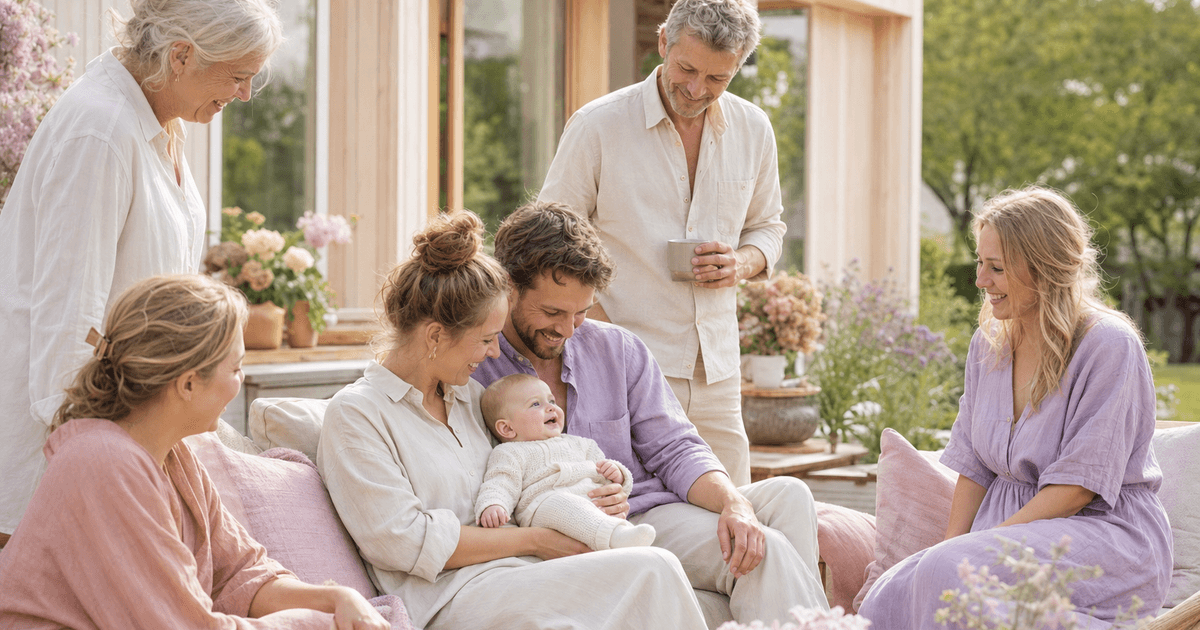 En liten familie omgitt av venner og besteforeldre i en hage