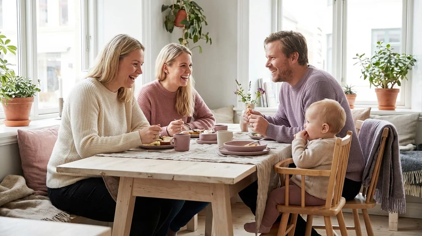 Familie med baby nyter et måltid på en koselig restaurant