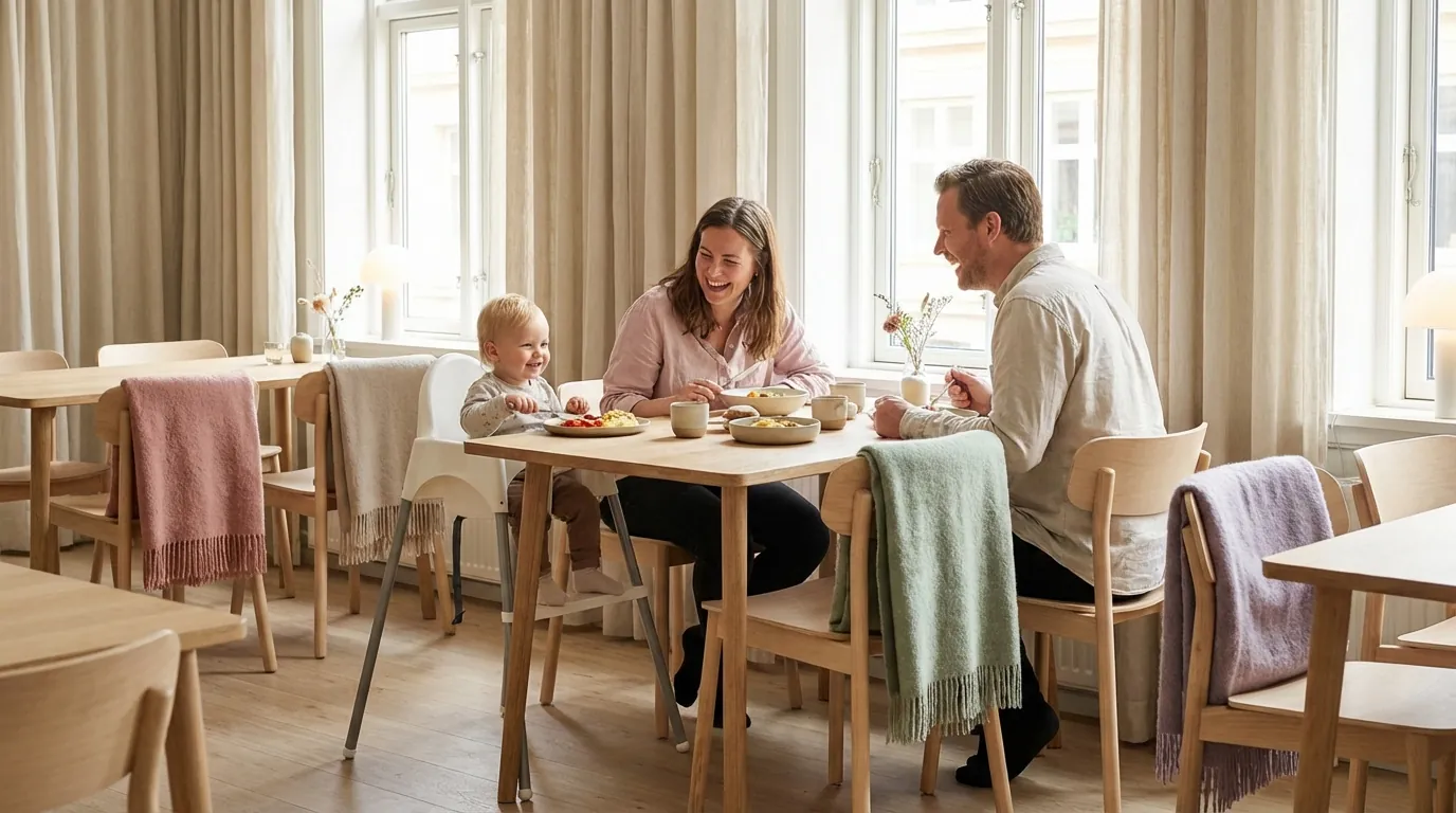 Barnefamilie som koser seg med mat på en familievennlig restaurant