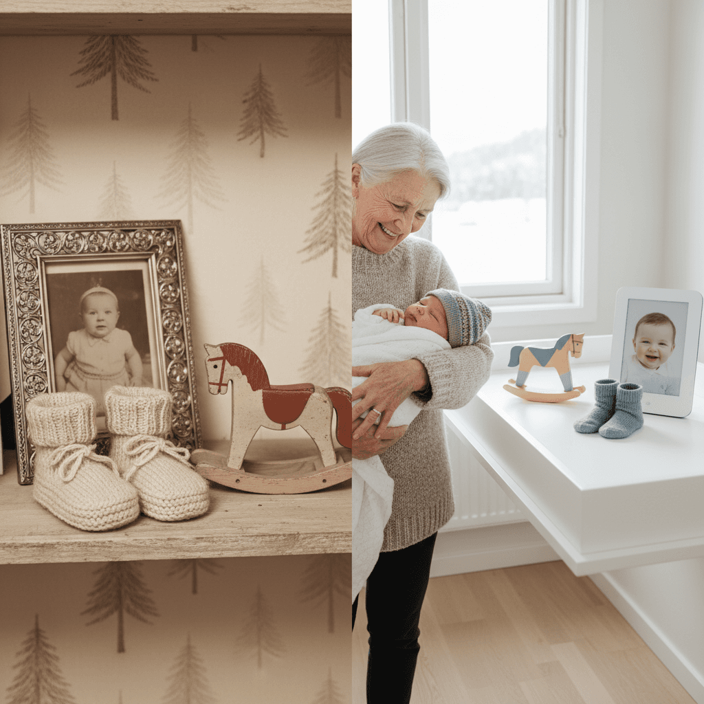 Gammelt svart-hvitt foto av baby ved siden av moderne babyfoto