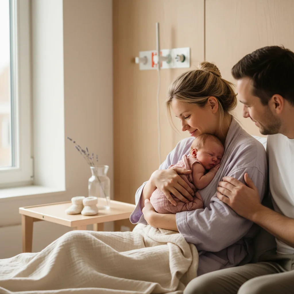 Nyfødt baby hos mor rett etter fødsel i dempet nordisk lys