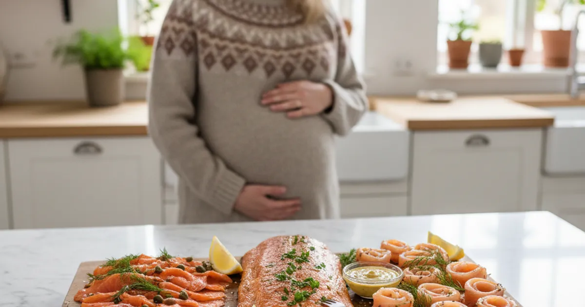 Tallerkener med ulike typer laks og sjømat på nordisk kjøkkenbord