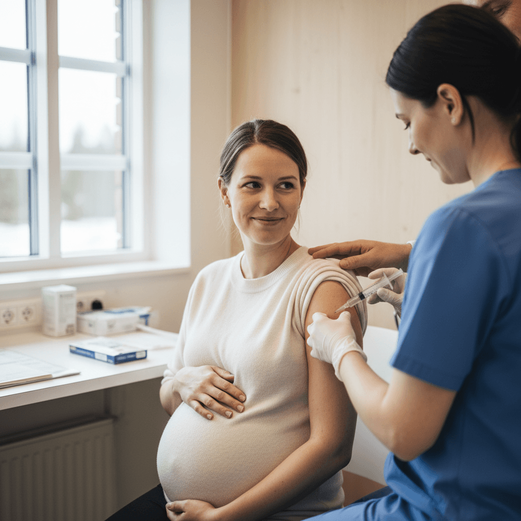 Gravid kvinne som snakker med lege om vaksinasjon på svangerskapskontroll
