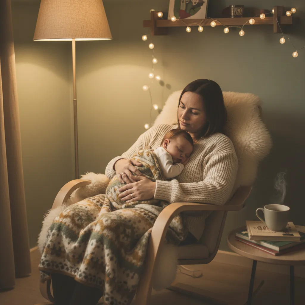 Forelder holder syk baby nært i lyst nordisk soverom