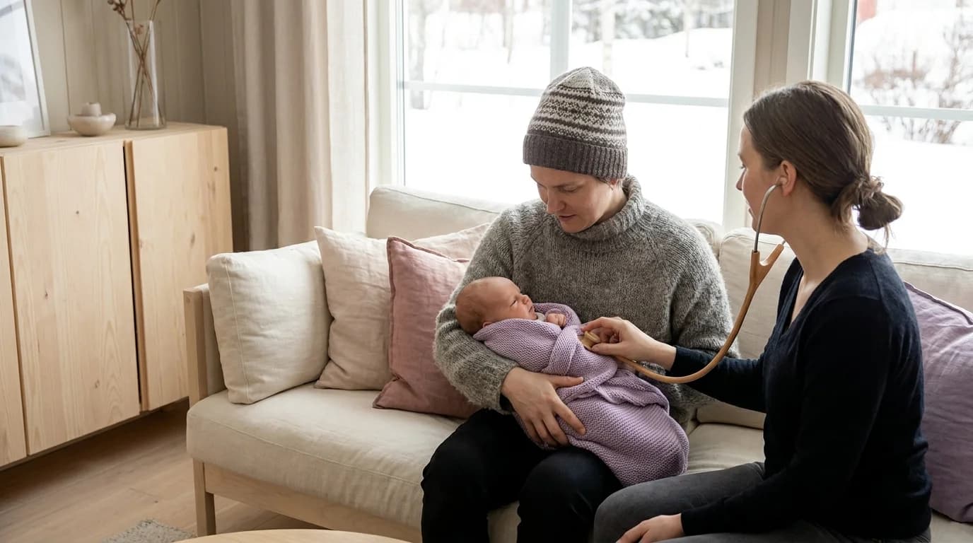 Nyfødt baby sover trygt mens forelder og lege diskuterer RSV-forebygging