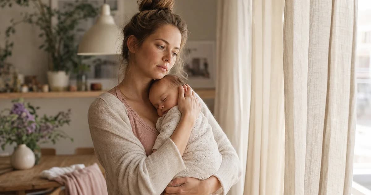 Trøtt nybakt mor holder sovende baby ved vinduet i lys mai-kveld i et norsk boligstrøk