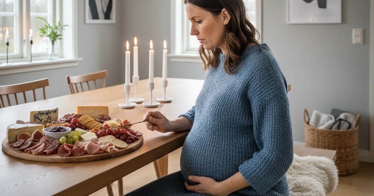 Gravid kvinne som ser på kjøttpålegg i kjøleskapet