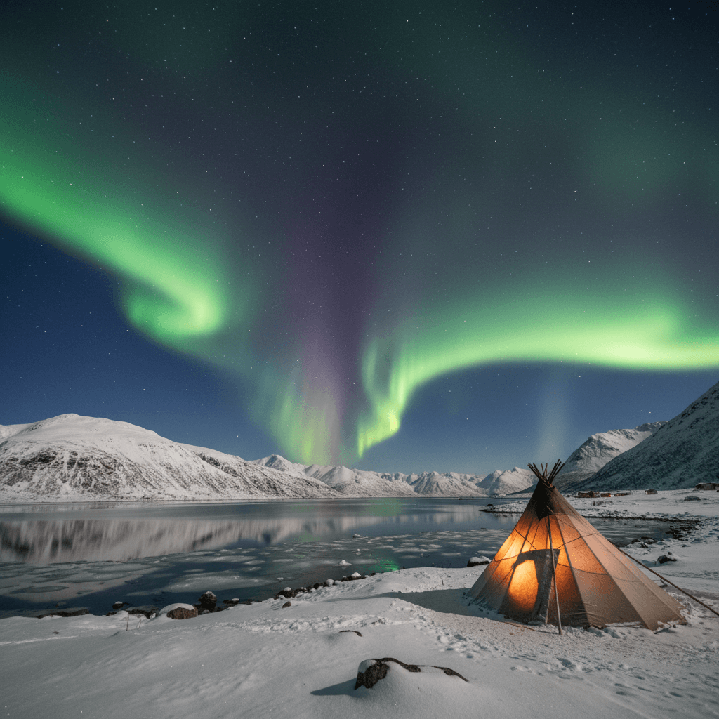 Nordnorsk vinterlandskap med nordlys over snødekte fjell