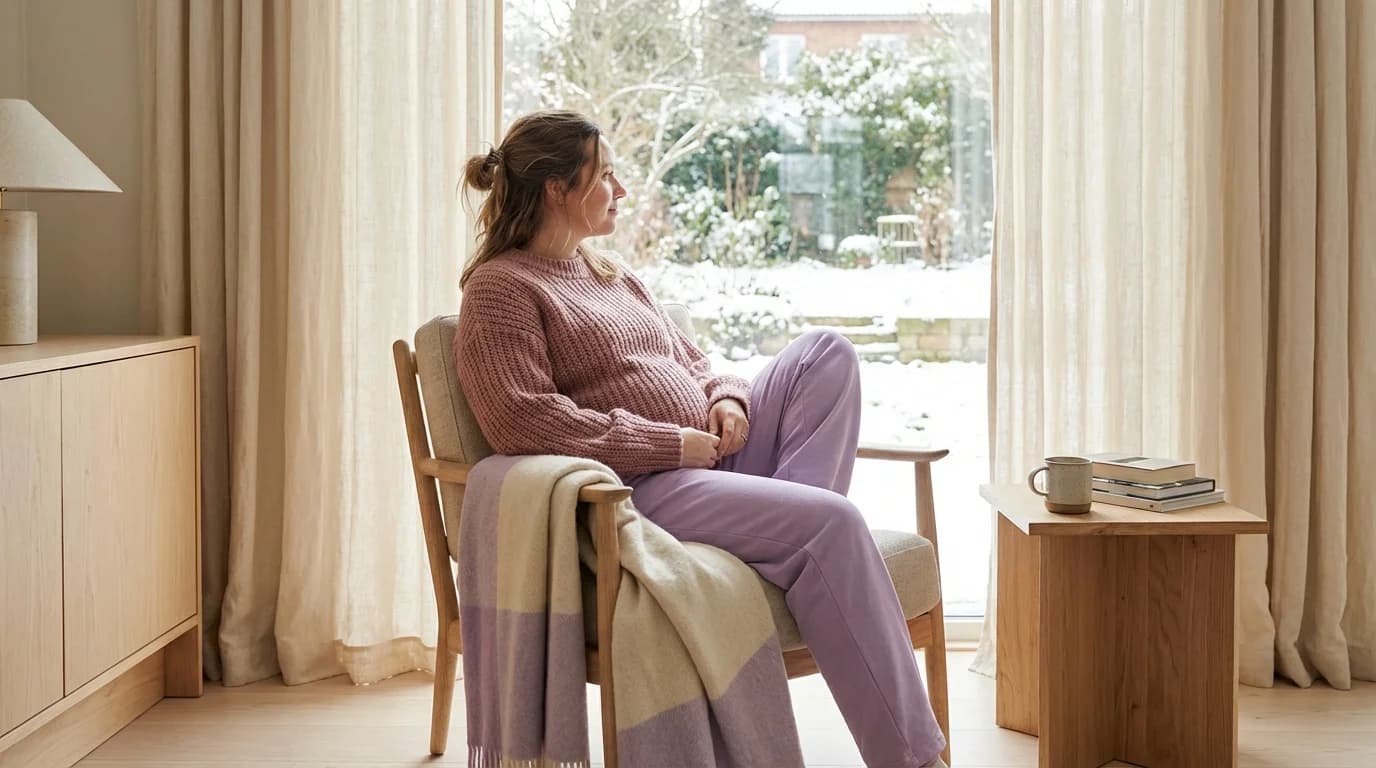 Gravid kvinne sitter ved vinduet i et lyst rom og ser fremover