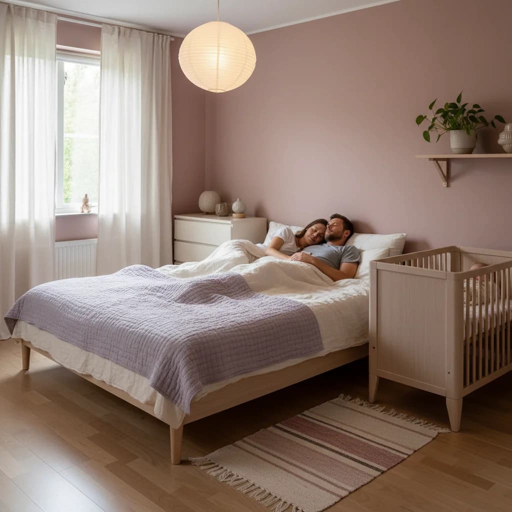 Baby som sover trygt i egen seng ved siden av foreldrenes seng i et rolig soverom