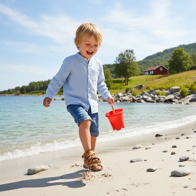 Barn i sandaler leker utendørs på sommerdag