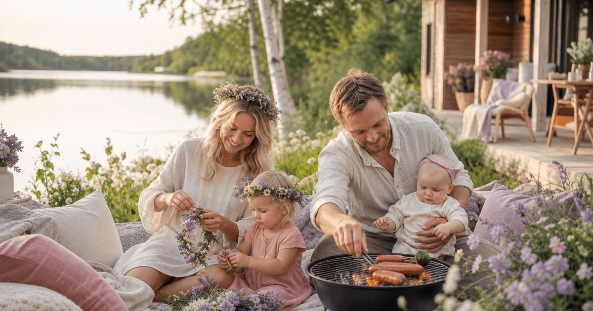 Familie med småbarn lager blomsterkrans og griller pølser på en lys sankthanskveld ved sjøen i Norge