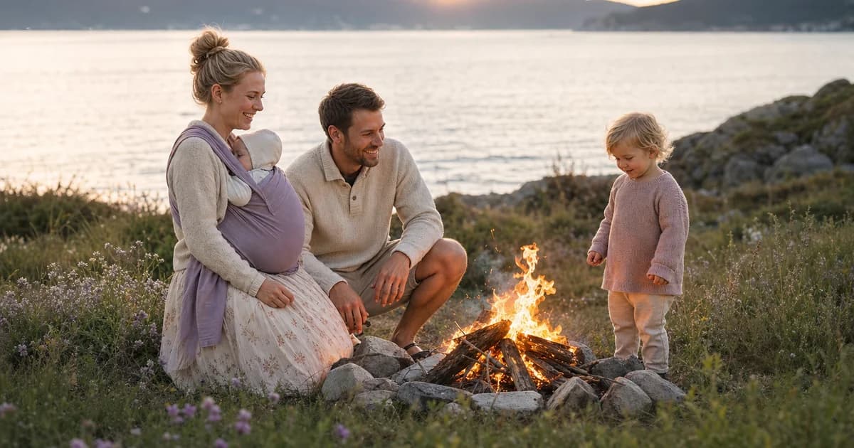Familie med baby og småbarn ser på sankthansbål i god avstand på en norsk strand i lys sommerkveld