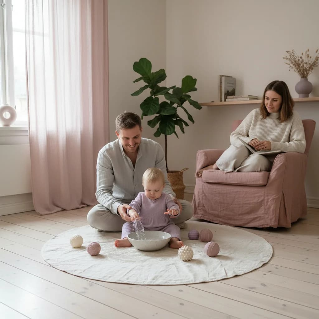 Baby som utforsker ulike teksturer med hendene under sensorisk lek