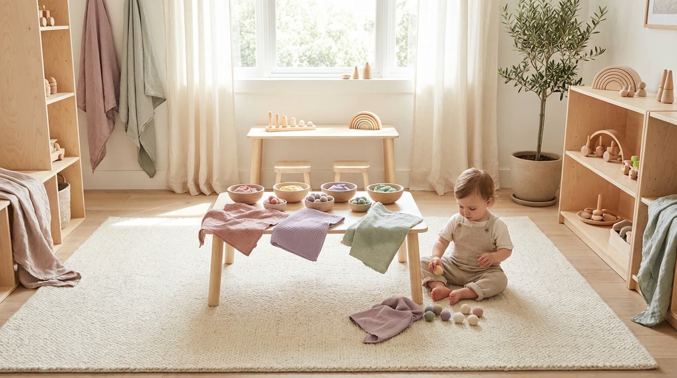 Småbarn som utforsker sensorisk bakke med ris og farget pasta