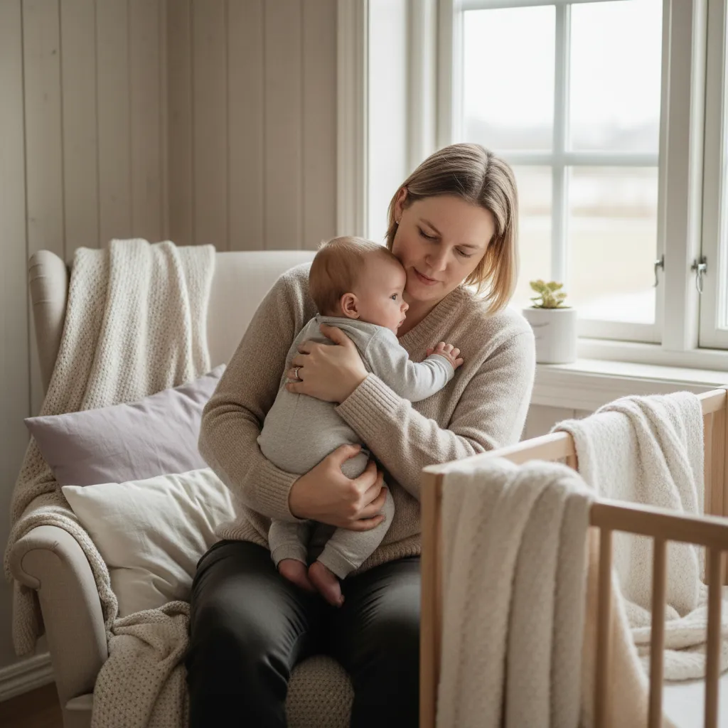 Mor som holder babyen sin tett inntil seg mens babyen klamrer seg fast