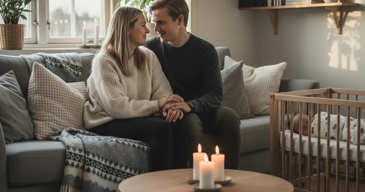 Par som sitter tett sammen i en sofa i et lyst skandinavisk hjem med baby som sover i nærheten