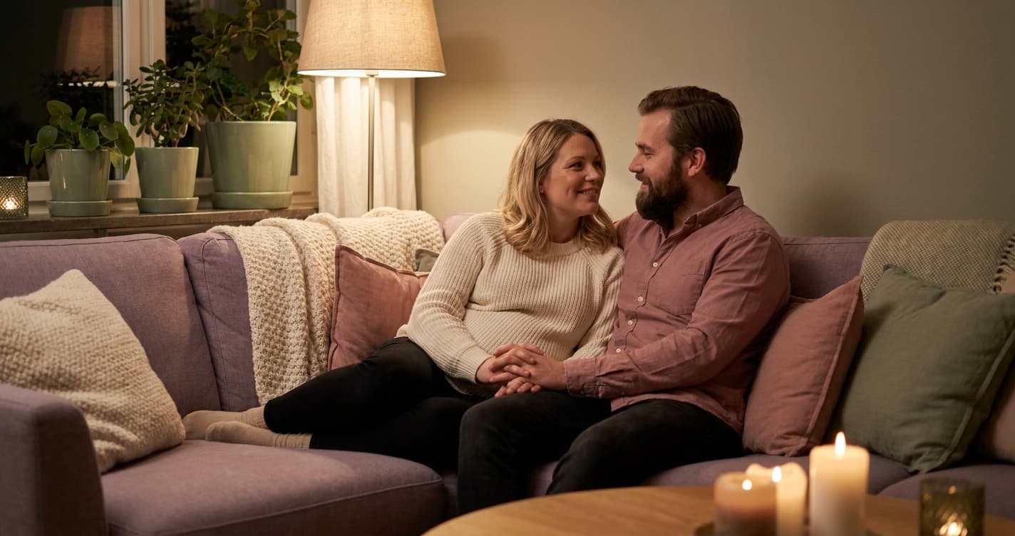 Gravid par som sitter tett sammen og snakker åpent i sofaen