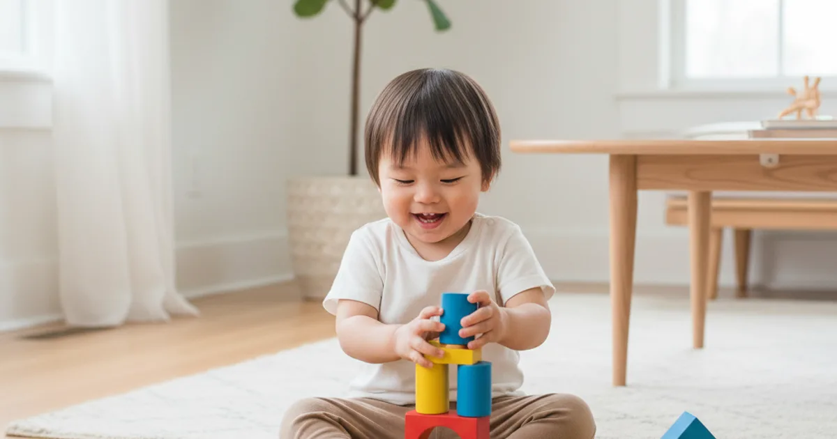 Asiatisk toddler som smiler og leker med fargerike leker på gulvet